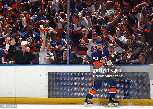 Casey Cizikas of the New York Islanders celebrates his first period goal at 5:41 in the game against the Pittsburgh Penguins in Game Three of the...