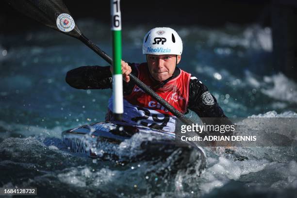 Slovakia's Sona Stanovska competes during the women's kayak semi-final at the ICF Canoe Slalom World Championships at Lee Valley White Water Centre,...