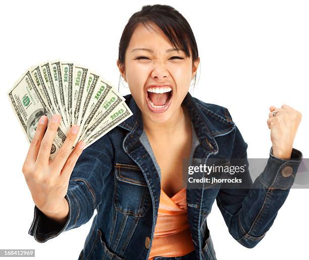 excited young woman holding money - money happiness stock pictures, royalty-free photos & images