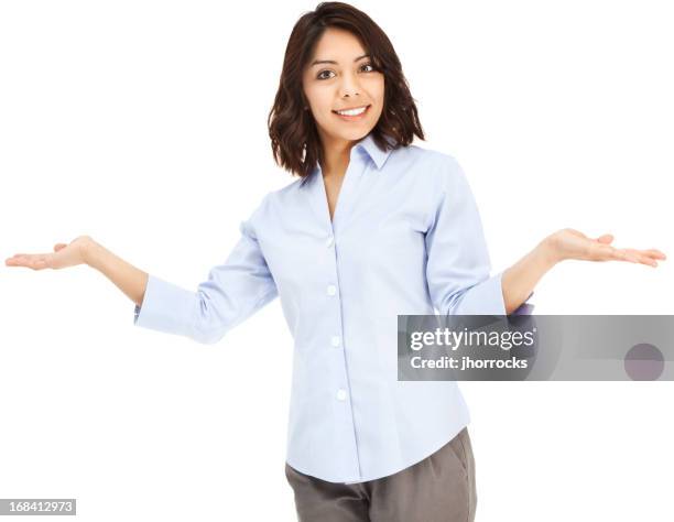 attractive young hispanic businesswoman shrugging with hands out - curly hair woman white shirt stock pictures, royalty-free photos & images