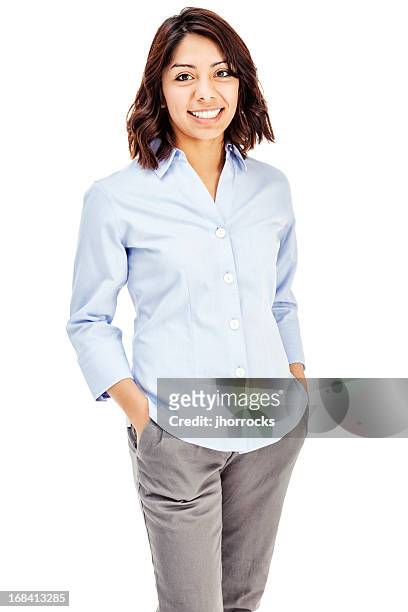 attraktive junge hispanische geschäftsfrau - blaues hemd stock-fotos und bilder