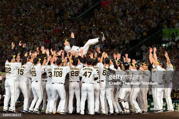 Head coach Akinobu Okada of the Hanshin Tigers is tossed into the air as the team celebrates the Central League season champions following the game...
