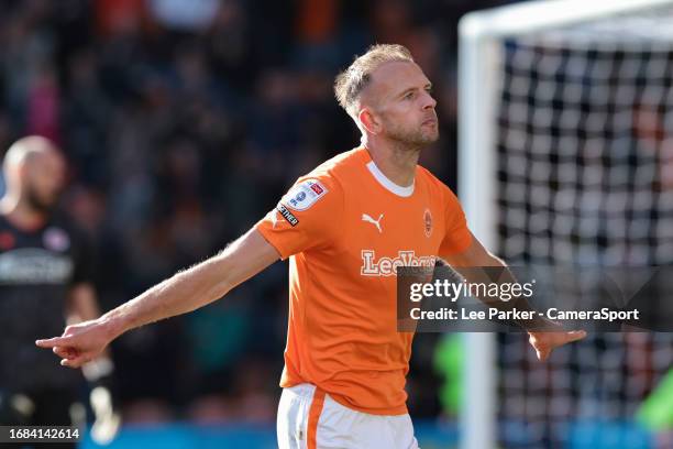 Blackpool's Jordan Rhodes celebrates scoring his side's fourth goal and his hat-trick during the Sky Bet League One match between Blackpool and...