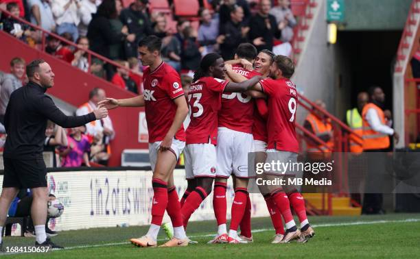 The Charlton players celebrating Slobodan Tedi's goal to make it 2-1 during the Sky Bet League One match between Charlton Athletic and Wycombe...