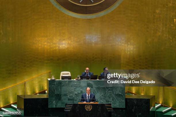 Russian Foreign Minister Sergey Lavrov speaks during the United Nations General Assembly at the United Nations headquarters on September 23, 2023 in...