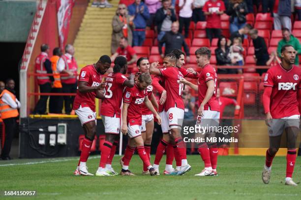 The Charlton players celebrating Slobodan Tedi's goal to make it 2-1 during the Sky Bet League One match between Charlton Athletic and Wycombe...