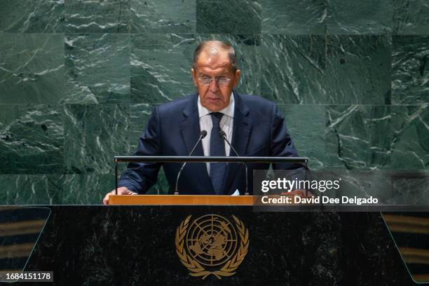 Russian Foreign Minister Sergey Lavrov speaks during the United Nations General Assembly at the United Nations headquarters on September 23, 2023 in...