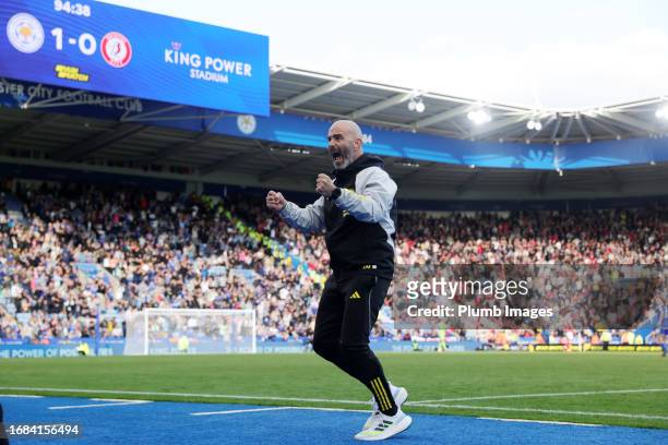 Leicester City Manager Enzo Maresca celebrates on the final whistle of the Sky Bet Championship match between Leicester City and Bristol City at King...
