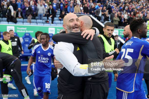Leicester City Manager Enzo Maresca and Michele De Bernardin Leicester City Goalkeeper Coach celebrate after the Sky Bet Championship match between...