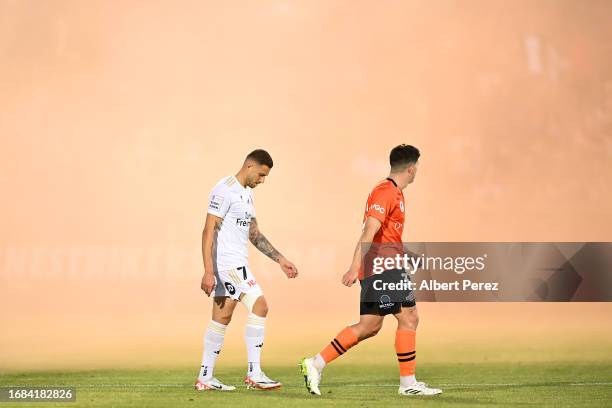 General view is seen after Western Sydney Wanderers fans set off a flare during the Australia Cup 2023 Quarter Final match between Brisbane Roar and...