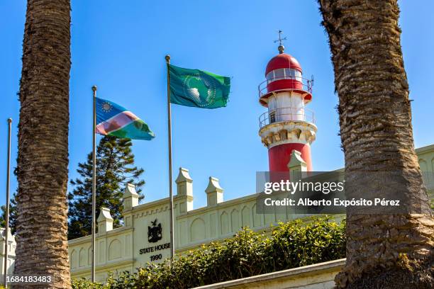 lighthouse and state house - swakopmund, namibia - namibian cultures stock pictures, royalty-free photos & images