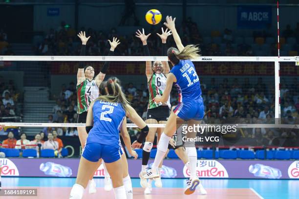 Bjelica Ana of Serbia competes against Rodriguez Gomez Maria Fernanda and Castro Lopez Grecia Esther of Mexico in the FIVB Volleyball Women's Olympic...