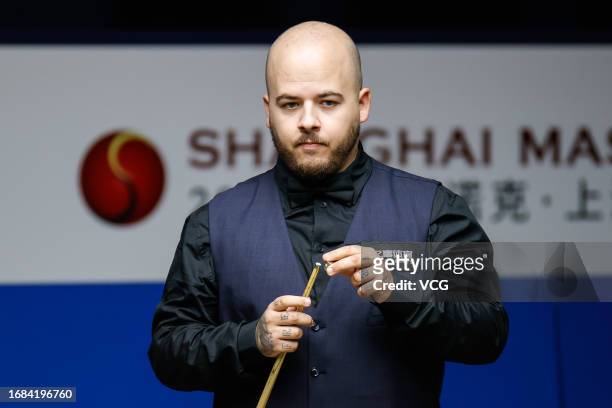 Luca Brecel of Belgium reacts in the Semi-final match against Neil Robertson of Australia on day 6 of World Snooker Shanghai Masters 2023 at Shanghai...