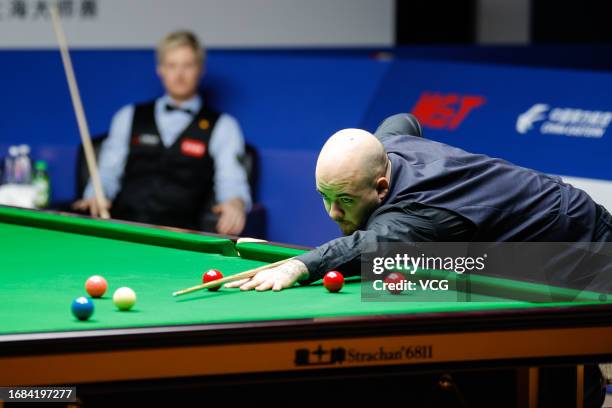 Luca Brecel of Belgium plays a shot in the Semi-final match against Neil Robertson of Australia on day 6 of World Snooker Shanghai Masters 2023 at...
