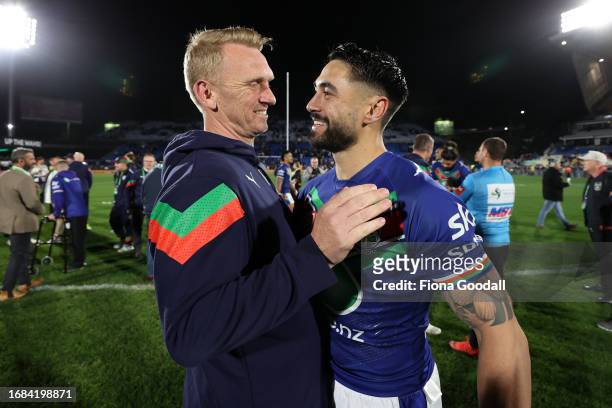 Warriors coach Andrew Webster congratulates Shaun Johnson during the NRL Semi Final match between the New Zealand Warriors and Newcastle Knights at...