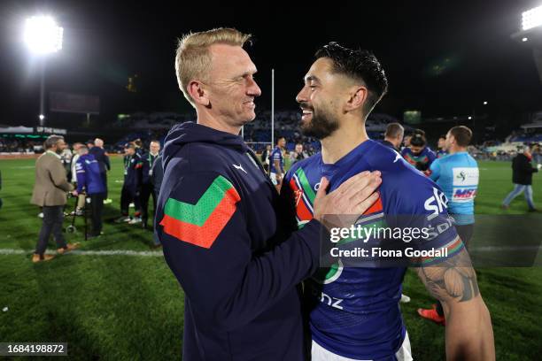 Warriors coach Andrew Webster congratulates Shaun Johnson during the NRL Semi Final match between the New Zealand Warriors and Newcastle Knights at...