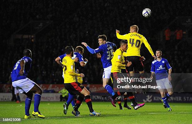David Nugent of Leicester City heads in the opening goal during the npower Championship Play Off Semi Final First Leg match between Leicester City...