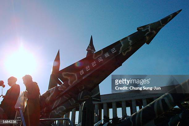 North and South Korea's missiles are displayed December 12, 2002 at the Korea War Memorial Museum in Seoul, South Korea. North Korea said December 12...