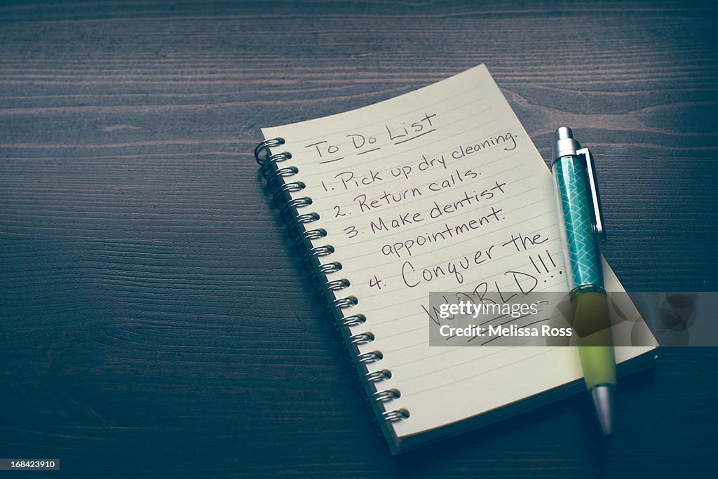 Pen and notebook with humorous to do list.