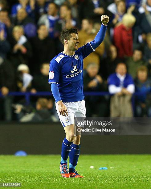 David Nugent of Leicester City celebrates scoring the opening goal during the npower Championship Play Off Semi Final First Leg match between...