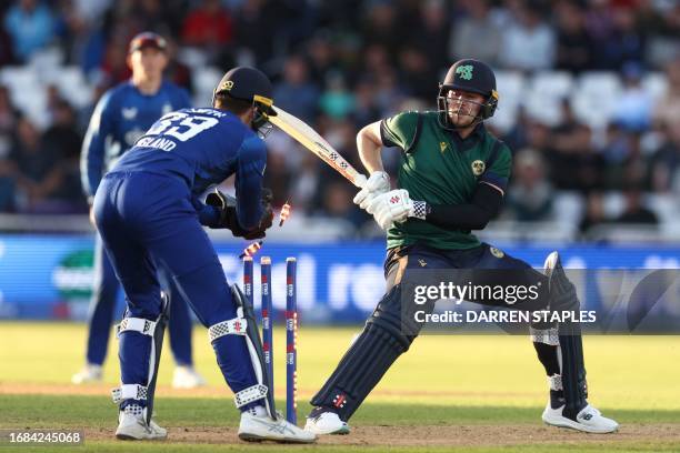 Ireland's Josh Little survives a stumping attempt from England's Jamie Smith during the second One Day International cricket match between England...