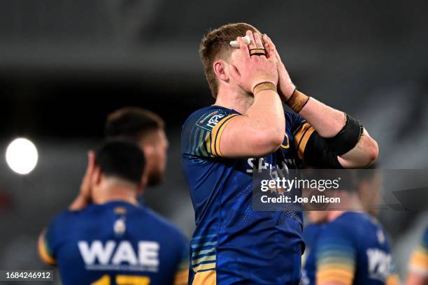 Fabian Holland of Otago reacts following the round seven Bunnings Warehouse NPC match between Otago and Taranaki at Forsyth Barr Stadium, on...