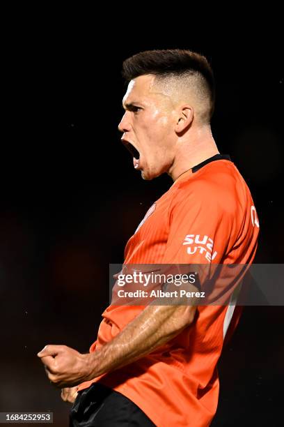 Joe Caletti of Brisbane celebrates scoring a goal during the Australia Cup 2023 Quarter Final match between Brisbane Roar and Western Sydney...