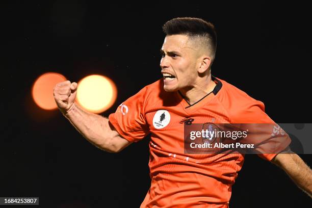 Joe Caletti of Brisbane celebrates scoring a goal during the Australia Cup 2023 Quarter Final match between Brisbane Roar and Western Sydney...