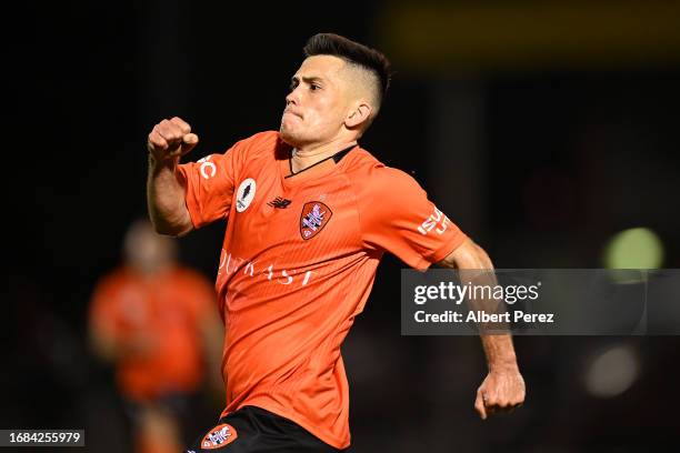 Joe Caletti of Brisbane celebrates scoring a goal during the Australia Cup 2023 Quarter Final match between Brisbane Roar and Western Sydney...