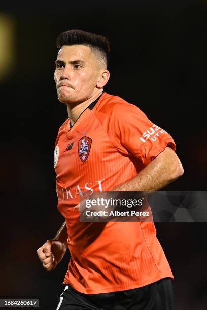 Joe Caletti of Brisbane celebrates scoring a goal during the Australia Cup 2023 Quarter Final match between Brisbane Roar and Western Sydney...