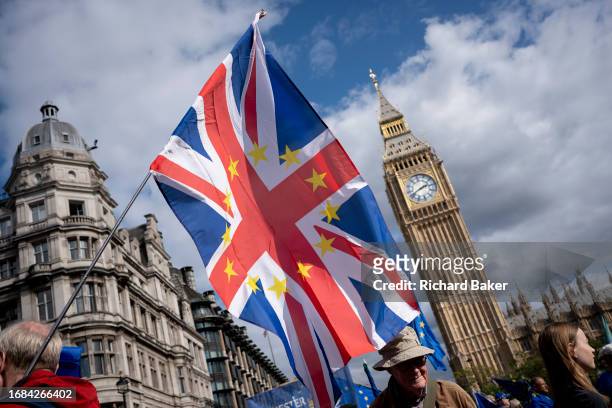 Pro-EU supporters, protest outside parliament against Brexit during their national march to rejoin the European Union, on 23rd September 2023, in...
