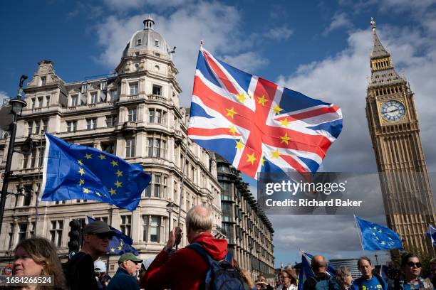 Pro-EU supporters, protest outside parliament against Brexit during their national march to rejoin the European Union, on 23rd September 2023, in...