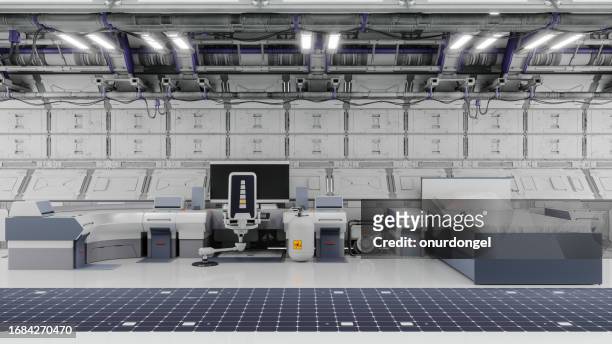 futuristic sci-fi center interior with computer, sleeping ouarter and fluorescent lighting - international space station interior stock pictures, royalty-free photos & images