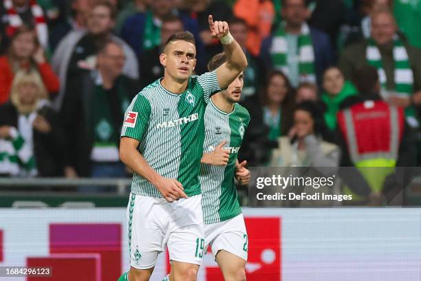 Rafael Borre of SV Werder Bremen celebrates after scoring his teams first goal during the Bundesliga match between SV Werder Bremen and 1. FC Köln at...