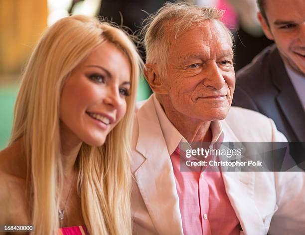 Crystal Harris and Hugh Hefner attend Playboy's 2013 Playmate Of The Year luncheon honoring Raquel Pomplun at The Playboy Mansion on May 9, 2013 in...