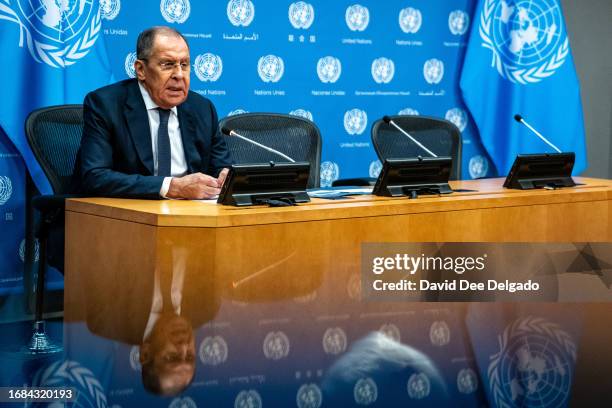 Russian Foreign Minister Sergey Lavrov holds a press conference during the United Nations General Assembly at the United Nations headquarters on...