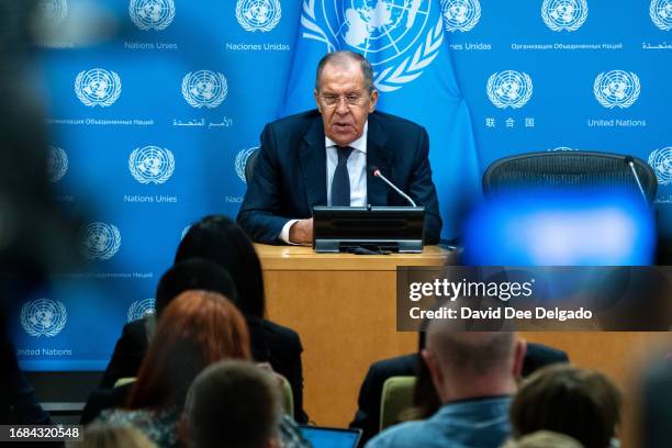 Russian Foreign Minister Sergey Lavrov holds a press conference during the United Nations General Assembly at the United Nations headquarters on...