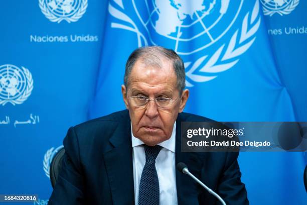 Russian Foreign Minister Sergey Lavrov holds a press conference during the United Nations General Assembly at the United Nations headquarters on...