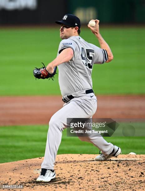 Gerrit Cole of the New York Yankees pitches during the game between the New York Yankees and the Pittsburgh Pirates at PNC Park on Friday, September...
