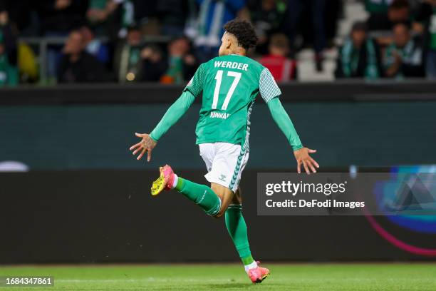 Justin Njinmah of SV Werder Bremen celebrates after scoring his teams second goal during the Bundesliga match between SV Werder Bremen and 1. FC Köln...