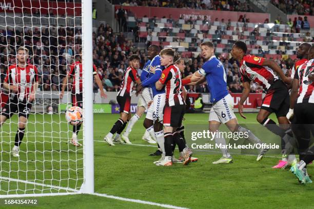 James Tarkowski of Everton shoes the second goal for his team during the Premier League match between Brentford FC and Everton FC at Brentford...