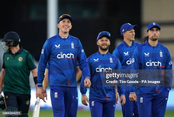 England's Zak Crawley and Ben Duckett react after beating Ireland by 48 runs following the second Metro Bank One Day International match at Trent...