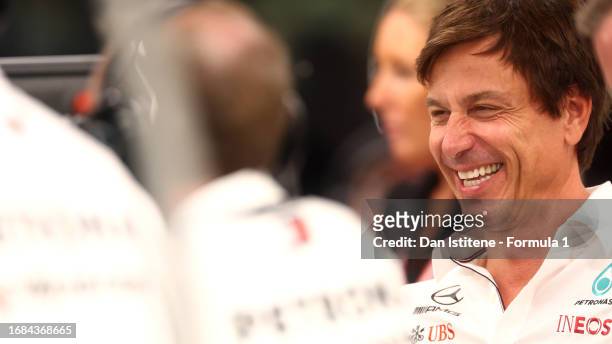Mercedes GP Executive Director Toto Wolff reacts in the garage during final practice ahead of the F1 Grand Prix of Singapore at Marina Bay Street...