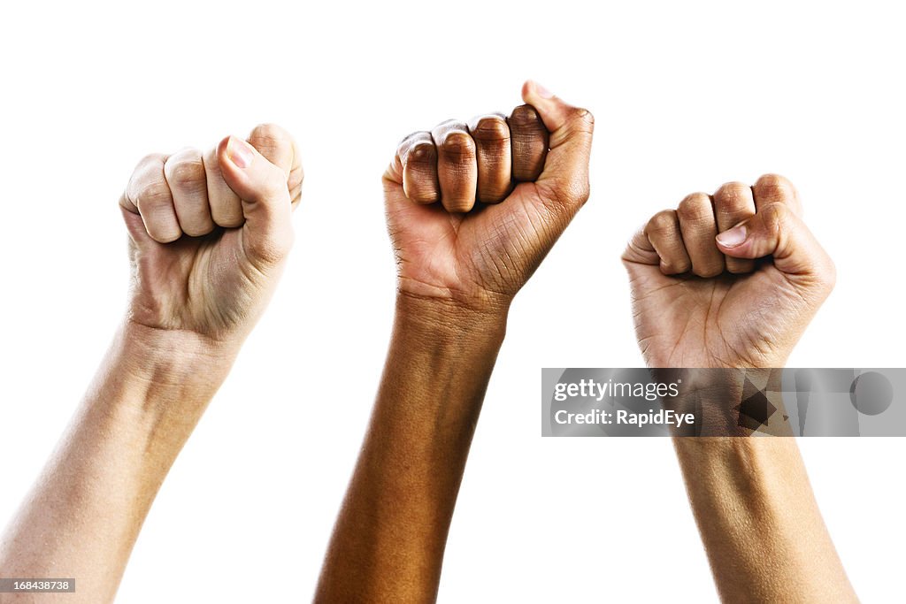 Drei geballte weibliche Fäuste eine Zeitlang triumphierend Unterstützung women's rights