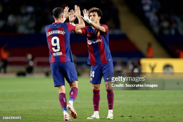 Robert Lewandowski of FC Barcelona celebrates 1-2 with Joao Felix of FC Barcelona during the LaLiga EA Sports match between FC Barcelona v Celta de...