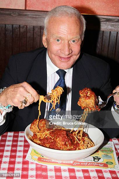 Astronaut Buzz Aldrin promotes his book "Mission to Mars: My Vision for Space Exploration" at Buca di Beppo Times Square on May 9, 2013 in New York...