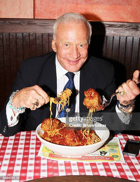 Astronaut Buzz Aldrin promotes his book "Mission to Mars: My Vision for Space Exploration" at Buca di Beppo Times Square on May 9, 2013 in New York...