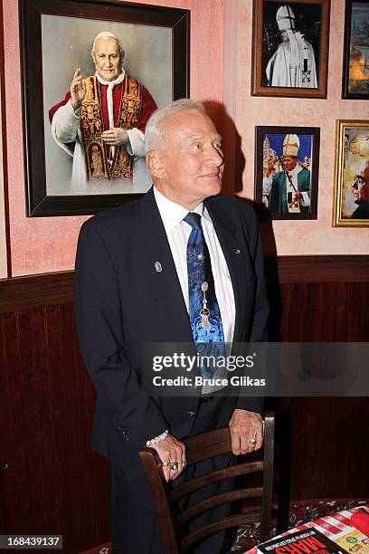 Astronaut Buzz Aldrin promotes his book "Mission to Mars: My Vision for Space Exploration" at Buca di Beppo Times Square on May 9, 2013 in New York...