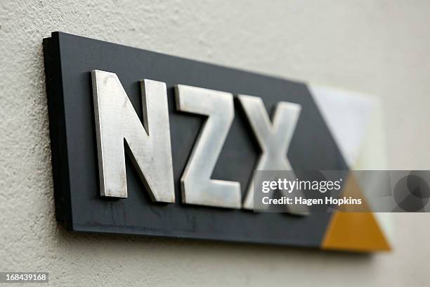 General view of NZX signage prior to the listing of Mighty River Power at NZX on May 10, 2013 in Wellington, New Zealand. Mighty River Power is one...