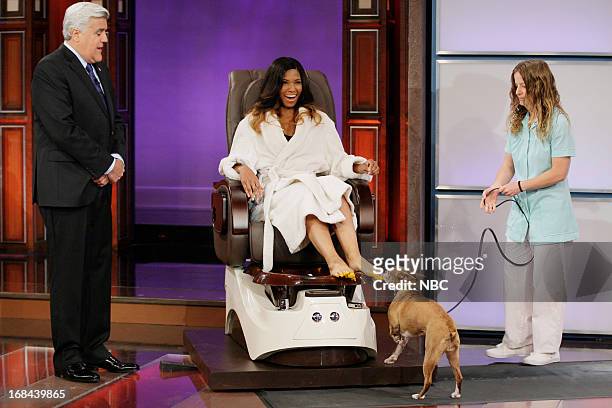 Episode 4458 -- Pictured: Host Jay Leno and model Nicole during a skit on May 9, 2013 --